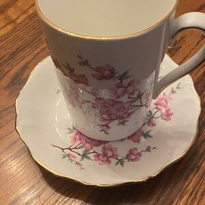 Floral Pink and Gold Trim Teacup and Saucer Set